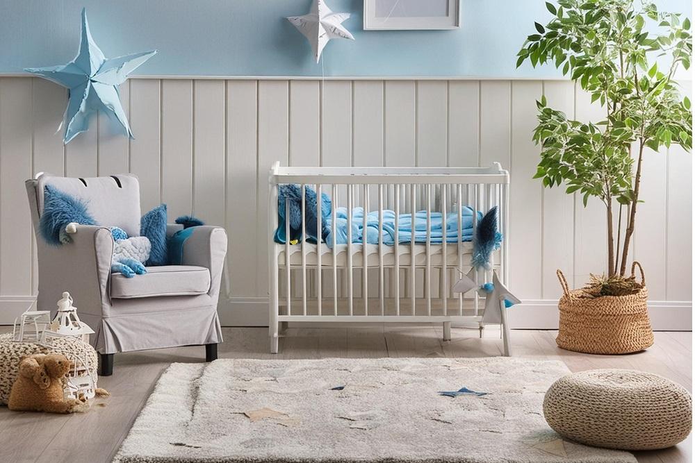 beach themed baby room with crib and decor