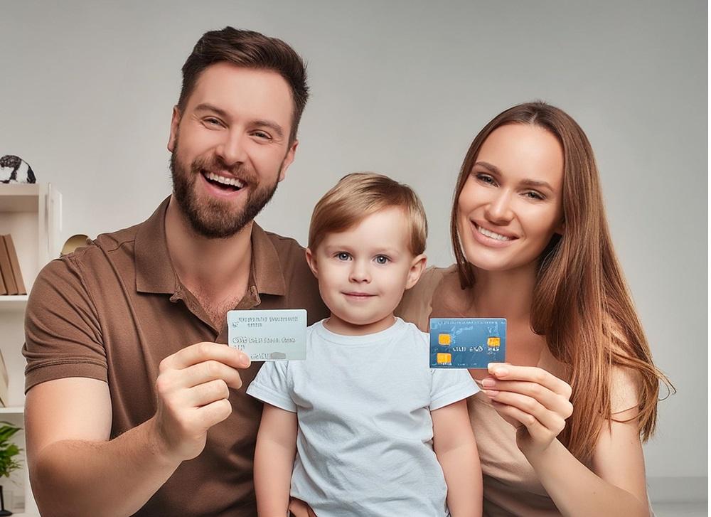 Happy family holding credit cards