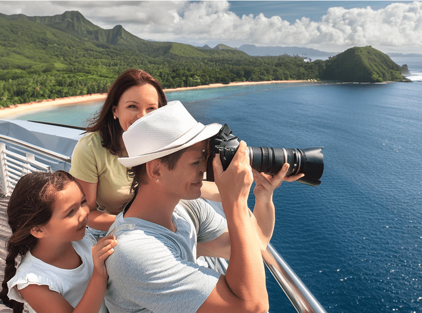 family taking a photo on vacation of an ocean and moutnains