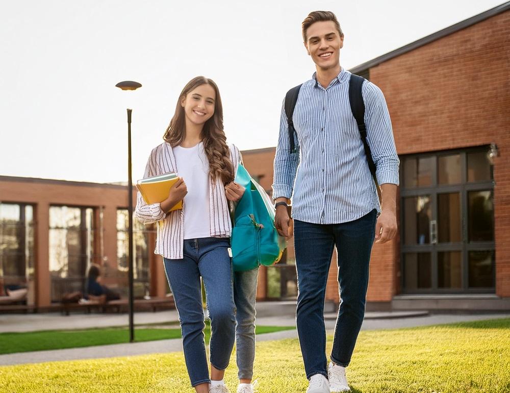 teens standing at college