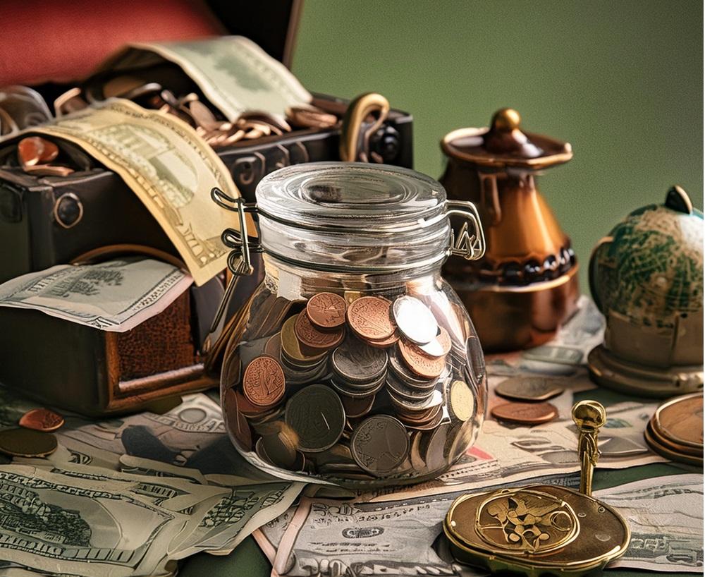 coins and dollar bills with a globe and a chest
