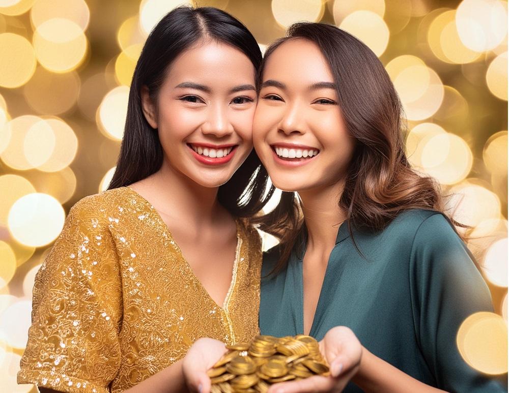 2 women holding coins with gold background